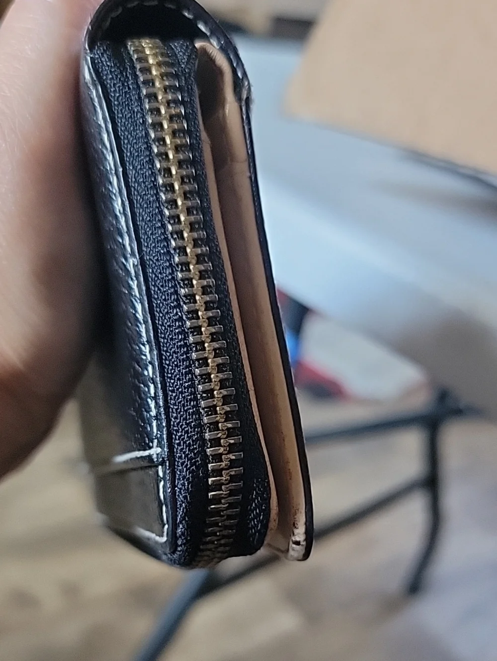 kate spade Black Pebbled Zip-Around Wallet with Gold Hardware